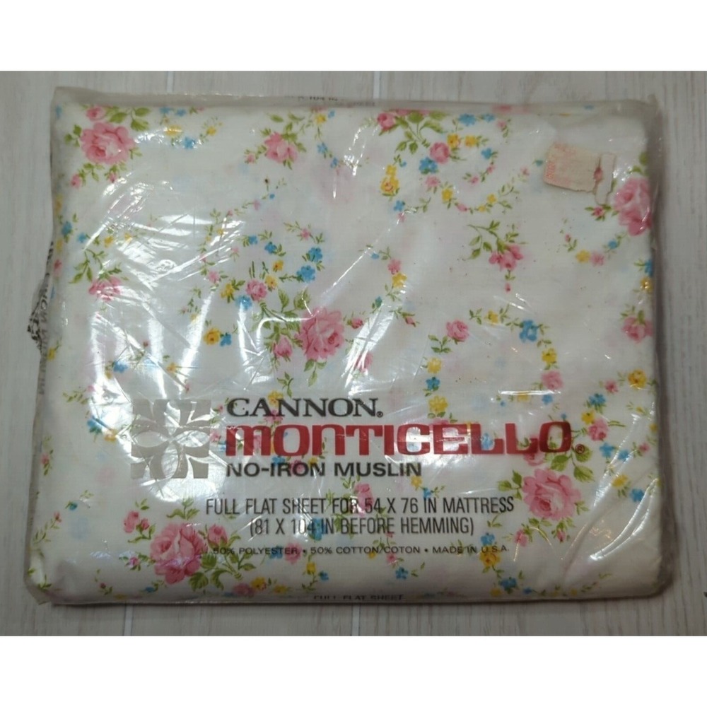 Cannon Monticello Full Flat Sheet Rose Swirl‎ Pattern Floral Vintage pink blue